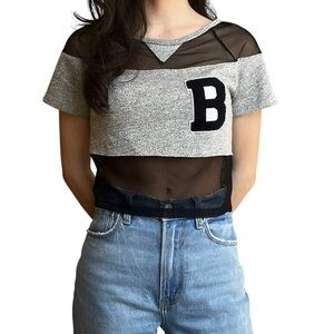 Bebe Women’s Cotton Blend “B” Black, White & Grey Crop Top w/ Mesh- Size XS